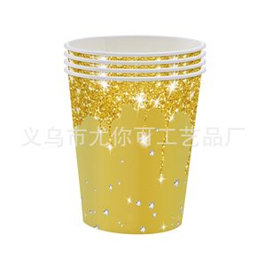 Ensemble de vaisselle jetable sur le thème du diamant doré, assiettes en papier, gobelets, serviettes, fournitures pour fêtes - Product Image 5