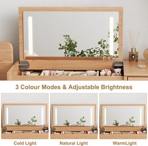 Grand bureau de maquillage en bois massif avec miroir rabattable 4 tiroirs 3 modes d'éclairage <span class=keywords><strong>dressing</strong></span> de couleur bois <span class=keywords><strong>original</strong></span> - Product Image 4