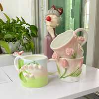 380ml 12.8oz mignon rose lys tulipe doux 3D fleur café thé lait tasse en céramique cadeau créatif tasse avec poignée