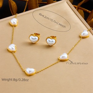Heart Pearl Gold Plated Stainless Steel Jewelry <b>Set</b> For Women Everyday Wear Bezel Setting O Chain Necklace <b>Bracelet</b> Earrings - Product Image 3