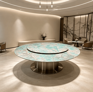 Table à manger ronde de luxe en marbre vert avec plateau tournant Lazy Susan, design moderne, base en métal, mobilier de maison, 4 places, garantie 1 an - Product Image 2