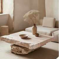 Table basse de salon moderne de luxe en marbre beige, bloc de travertin carré, conçue pour l'ameublement domestique