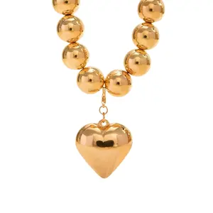 Punk Large Gold Heart Pendant Necklace Chunky Beaded Choker Girls Mother's Day Gift Puff Heart Ball Chain Fashionable Jewelry