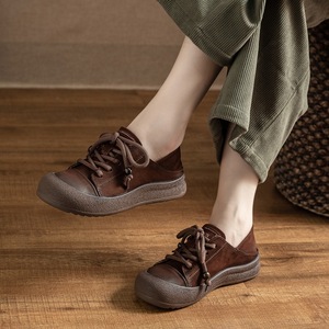Chaussures plates en cuir véritable pour femmes, style rétro, couleur délavée, bout rond, décontractées, polyvalentes, pour étudiantes, baskets quotidiennes - Product Image 4