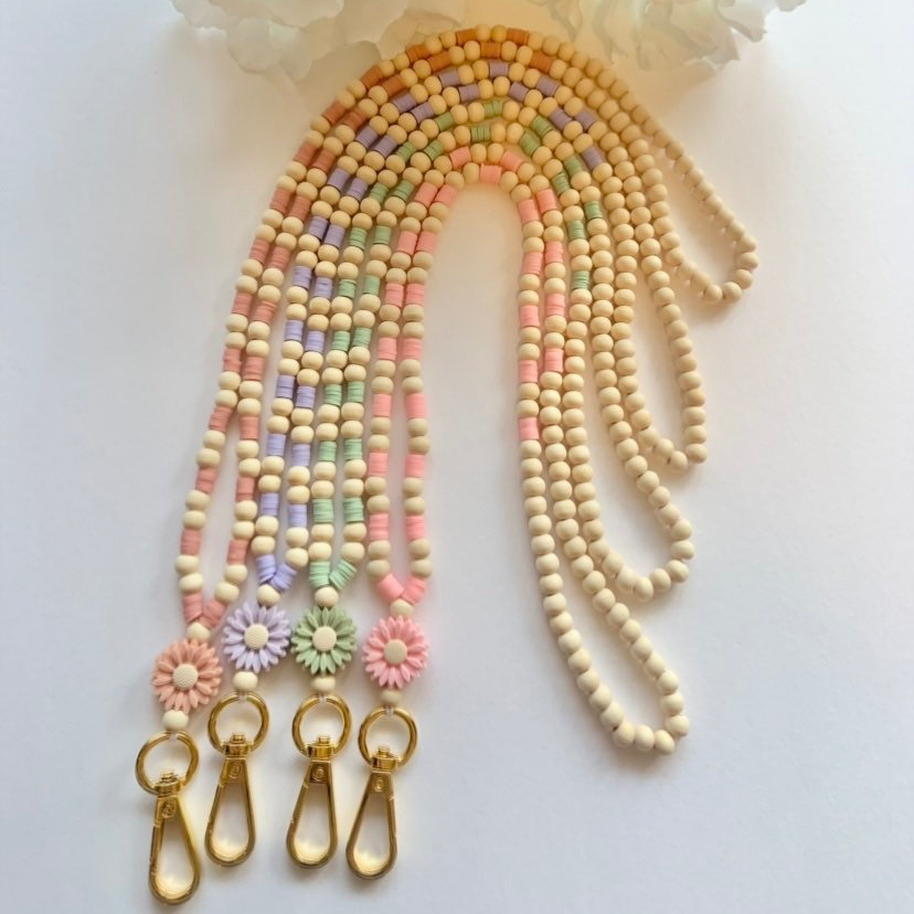 Personalized Teacher Lanyard Smile Rainbow Daisy Beaded Lanyard with Name Bohemian Teacher Nurse Lanyard