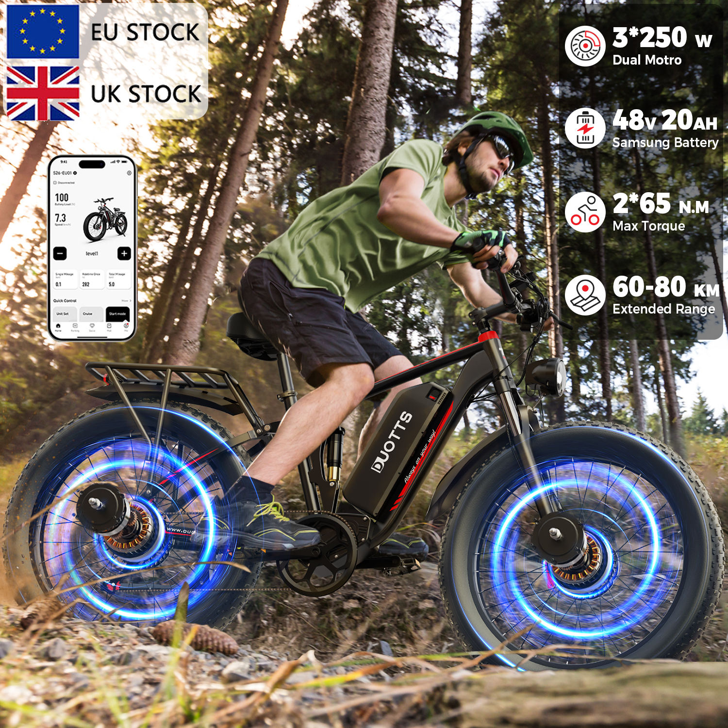 DUOTTS S26 48V 20AH Electric Bike Dual Motor Mountain Fat Tire Road Ebike for Adults EU UK Warehouse Power by Lithium Battery