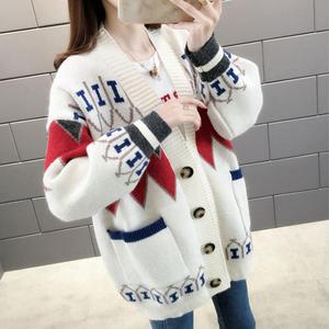 Vente directe usine : Cardigan en tricot jacquard pour <span class=keywords><strong>femme</strong></span>, printemps-automne, coupe ample oversize, polyvalent, style pull de Noël original - Product Image 1