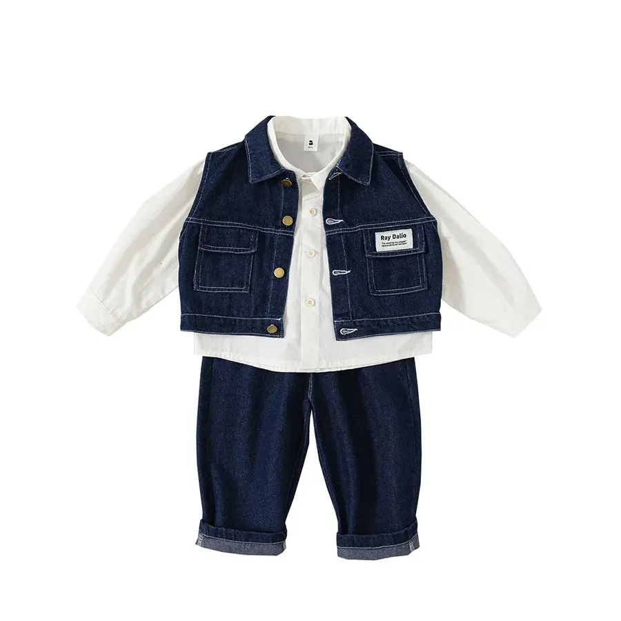 E0112TA11 Children's Set Denim Vest White Shirt Jeans Three Pieces Set Boys and Girls Clothing Set Sehe Fashion