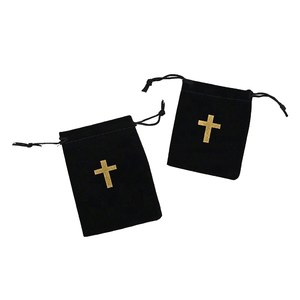 Pochette en velours personnalisée avec cordon de serrage et estampage à chaud doré, pour chapelet chrétien, petit bijou ou cadeau, emballage de rangement - Product Image 1