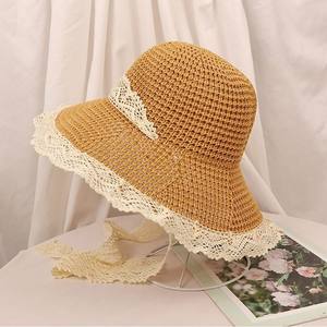 Sombrero de Paja con Ribete de Encaje para Mujer, Ala Ancha, Protección Solar, Plegable, Estilo Veraniego, Diseño Fresco y Dulce, Color Beige Caqui a Cuadros - Product Image 1