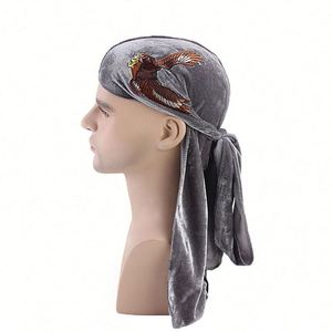 Durags en velours satiné brodé de qualité supérieure, bonnets à queue extra longue, doux, pour hommes et femmes, pour des ondulations 360° - Product Image 1