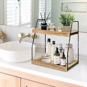 Double Layer Iron Wood Storage Rack Kitchen Organizer <b>Desktop</b> Wooden <b>Shelf</b> For Kitchenware Bathroom Vanity Storage - Product Image 3