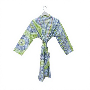 Bata de algodón para mujer, estampado geométrico, cuello en V, manga tres cuartos, largo completo, informal, para verano - Product Image 1