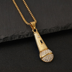Collier pendentif microphone pour homme en acier inoxydable avec sertissage pavé, bijoux de mode hip-hop pour soirée DZ115 - Product Image 3