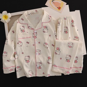 Cardigan Casual del pigiama per <span class=keywords><strong>bambini</strong></span> in tessuto di cotone stampato di alta qualità con colletto rivolto verso l'alto e Set pigiama da donna a maniche lunghe - Product Image 3