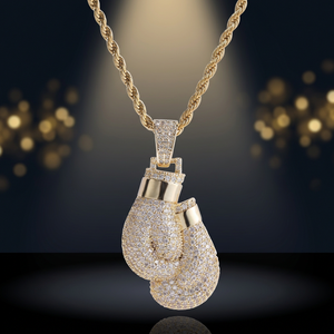 Collier Pendentif Gants de Boxe Hip Hop en Laiton Plaqué Or avec Zircons et Chaîne Corde Iced Out, Bijoux Unisexe - Product Image 2
