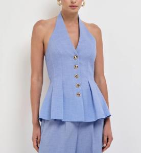 Completo da Donna Estivo Nuovo di Tendenza: Gilet Senza Maniche in Cotone e <span class=keywords><strong>Lino</strong></span> <span class=keywords><strong>Blu</strong></span> Elegante e Pantaloni - Product Image 2
