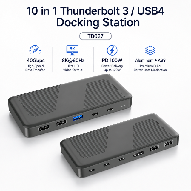 10-in-1 Thunderbolt 3/USB4 Docking Station 40Gbps 8K*60Hz DP 8K PD 100W USB-C Hub USB-A Multi Display Laptop Dock