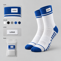 Chaussettes de football à logo et grip, blanches et bleu roi, pour le football en terrain, vente en gros, développement tricoté, inspection de la qualité