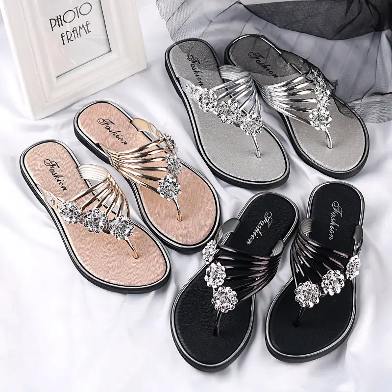Summer Ladies Crystal Sandals Casual Flat Slippers Fashion Casual Shoes Metal Rhinestone Sequin Flower Style