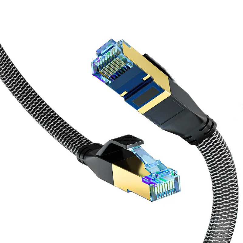 China Manufacturer patch cable 2m 3m 5m 10m 20m 30m cat8 SFTP braided flat Ethernet cable patch cord RJ45 Connector lan cable