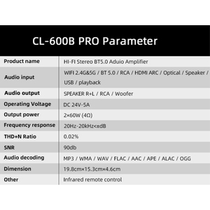 CL-600B PRO WiFi 2.<span class=keywords><strong>1</strong></span> HiFi Streamer DAC DSP Amplificateur de classe <span class=keywords><strong>D</strong></span> pour système home cinéma portable sans fil 5.0 100W - Product Image 6