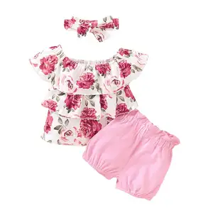 Комплект летней одежды для новорожденных девочек, Повседневная рубашка с принтом и оборками, короткие брюки, повязка на голову, комплект одежды из 3 предметов для младенцев