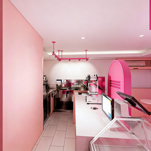 Tienda de Té y Helados de Estilo Dulce y Femenino con Vitrina Abierta, Estantes Rosados Escalonados e Iluminación LED Integrada - Product Image 4