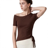 Kaos Olahraga Wanita Dewasa 2026 Bahan Spandex/Katun Organik Bernapas, Lengan Pendek, Model Ribbed, Ketat, Off-Shoulder, untuk Yoga