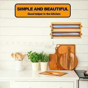 Dispensador de almacenamiento 3 en 1 para papel de aluminio y película adhesiva y papel pergamino Dispensador de envoltura de plástico de bambú con cortador deslizante - Product Image 5