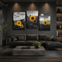 Seni Dinding Bunga Matahari Hitam Putih Triptych Cetakan Kanvas Warna Selektif Fotografi Alam Bunga Kuning Dekorasi Modern