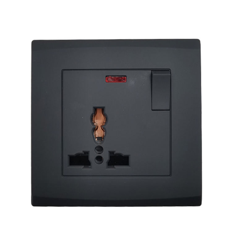 Good Quality Hot Selling UK Standard Black Panel 15A 250V Switch and Socket Round 3 Pin Electrical Socket Outlet With Neon