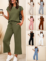Ensemble décontracté 2 pièces pour femme : Blouse à manches courtes et pantalon large court à taille élastiquée avec poches – Tenue quotidienne ODM/OEM