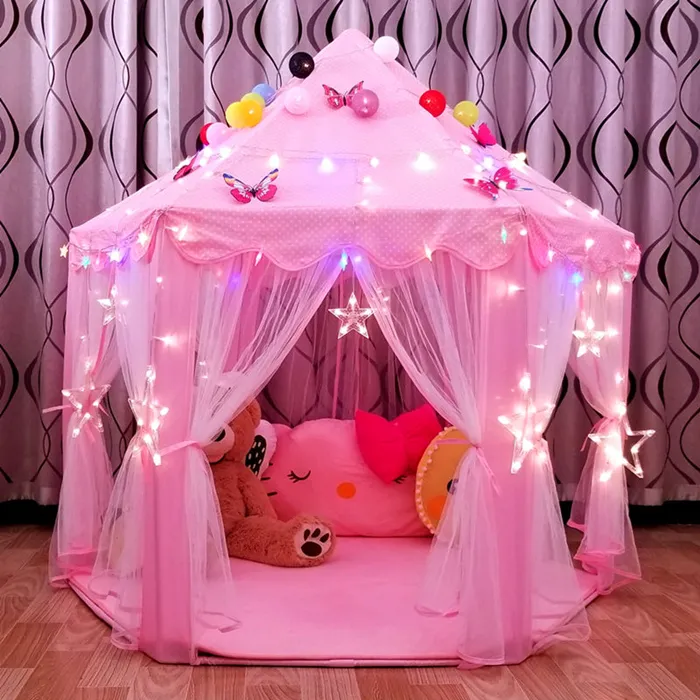 Tenda Bermain Bayi Putri Castle Pop Up Tenda Bermain Heksagonal, Pech Skin Play House dengan Lampu Tenda Anak-anak