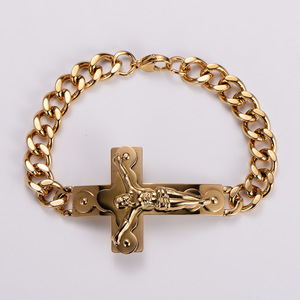 Bracelet Croix Crucifix en Acier Inoxydable 316L Plaqué Or 18 carats et Argent, Chaîne Curb, Bijoux Religieux Corpus pour Hommes et Femmes, Vente en Gros, Personnalisation OEM - Product Image 1
