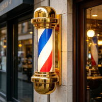 Poteau de barbier LED doré, panneau rotatif à rayures rouges, blanches et bleues à fixer au mur pour salon de coiffure, utilisation extérieure étanche