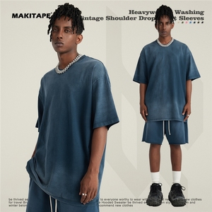 S1755 New Arrival Unisex 100% Cotton 270g Acid Washed Oversized <b>T</b>-<b>Shirt</b> with O-Neck <b>Collar</b> Custom Print Pattern - Product Image 3