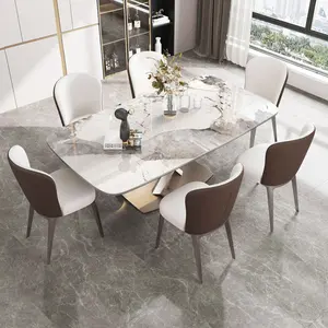 Mesa de jantar artificial italiana, conjunto de pedra frisada e moderna de mármore branco com 6 cadeiras