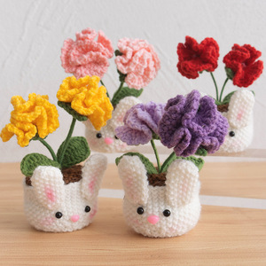 LINDOJUNI Crochet Double-Headed Carnation with Cute Rabbit Planter Knitted Artificial Flower for Home Decor - Product Image 2