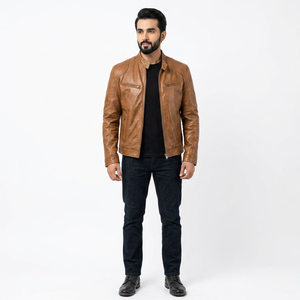 For Brown Leather Breathable Vintage Biker <b>Jacket</b> <b>Slim</b> <b>Fit</b> Men Motorcycle Style Outerwear with Zipper Pockets Classic for Men - Product Image 1
