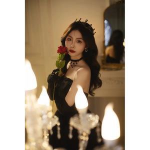 Black Strapless Velvet Evening Gown Empire Waist Ball Gown Simple Fashion Adult Party Dress - Product Image 3