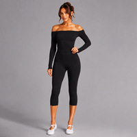 YIYI Conjunto de Yoga de 2 Piezas: Camiseta de Manga Larga sin Espalda con Hombro Descubierto y Leggings Capri de Cintura Alta para Fitness y Gimnasio