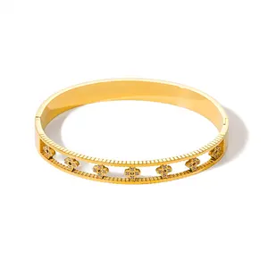 Perhiasan baja tahan karat trendi empat daun semanggi berongga 8 MM kualitas tinggi 18K gelang perhiasan modis berlapis emas