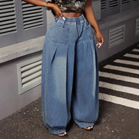 Chunxiu 2026 Jean plissé à jambe large en denim bleu uni, taille haute élastique, coupe lanterne, grande taille, style européen et américain, délavé aux enzymes