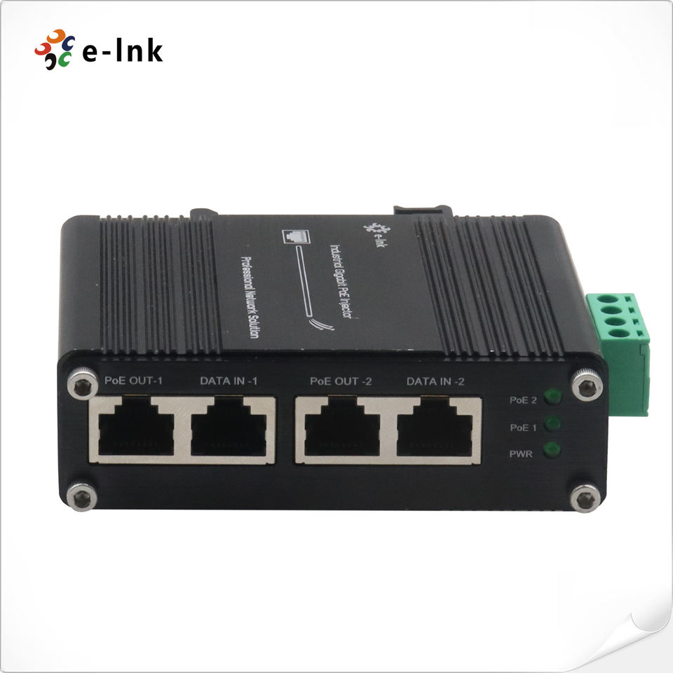 IEEE802.3af/at E-link 12-48V DC Industrial 2-port Gigabit PoE+ Injector DIN-rail & Wall Mounting