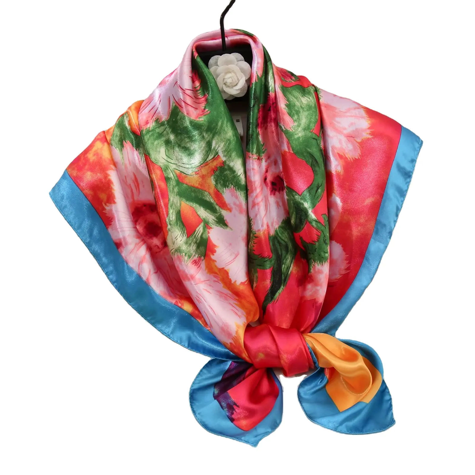 Amazon Best Selling Sunflower Oil Painting Printed Satin Silk 90x90 Square Scarf Satin Silk Hijab Custom Silk Scarves