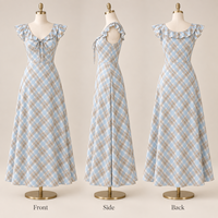 Robe longue décontractée pour femme en gros, motif écossais tissé, avec volants, col à nœud papillon et manches flottantes, jupe ample