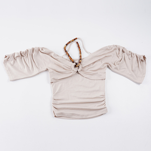 Top Corto de Mujer con Hombros Descubiertos, Diseño de Cuello Halter con Cuentas, Manga Murciélago Fruncida, Ajuste Ceñido y Sexy, Blusa Diaria Novedad 2026 - Product Image 6