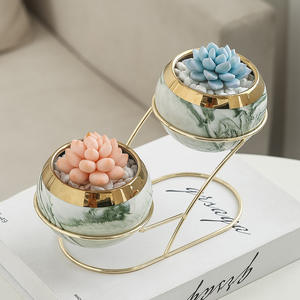 Maceta redonda de cerámica chapada en oro de mesa con logotipo personalizado, maceta de cactus suculenta con soporte doble de hierro - Product Image 2