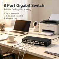 Switch de Red Doméstico de 8 Puertos 10/100/1000Mbps con Carcasa de Plástico, 8 Puertos RJ45, Hub Ethernet, Plug and Play, Apilable, AP-6008GS